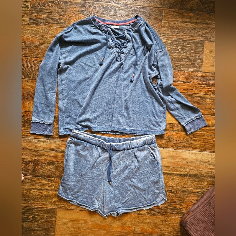 Blue Laced Long Sleeve Top and Shorts Set